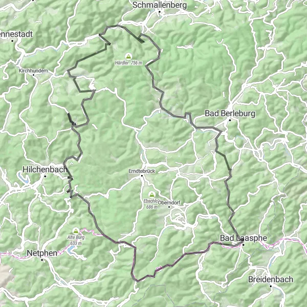 Map miniature of "Hills and Valleys" cycling inspiration in Arnsberg, Germany. Generated by Tarmacs.app cycling route planner