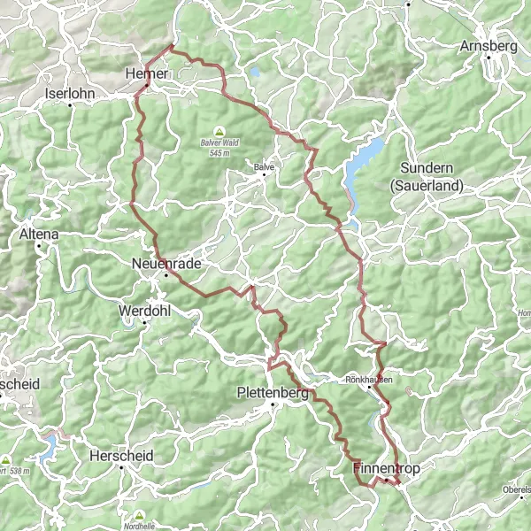 Map miniature of "The Sauerland Gravel Challenge" cycling inspiration in Arnsberg, Germany. Generated by Tarmacs.app cycling route planner