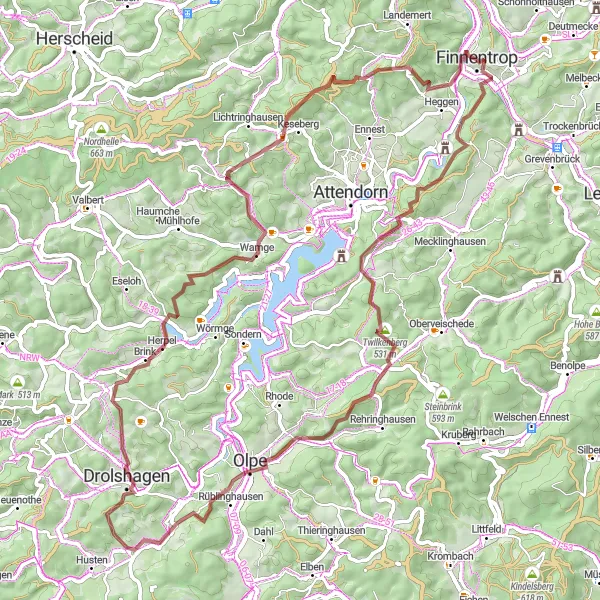 Map miniature of "Gravel Adventure in the Arnsberg Forest" cycling inspiration in Arnsberg, Germany. Generated by Tarmacs.app cycling route planner