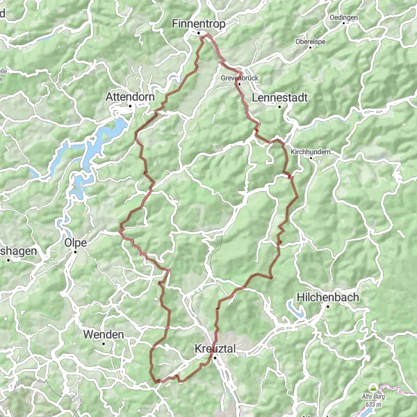 Map miniature of "The Gravel Adventure" cycling inspiration in Arnsberg, Germany. Generated by Tarmacs.app cycling route planner