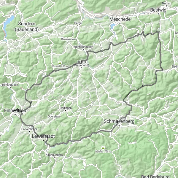 Map miniature of "Hills and Mills Road Circuit" cycling inspiration in Arnsberg, Germany. Generated by Tarmacs.app cycling route planner