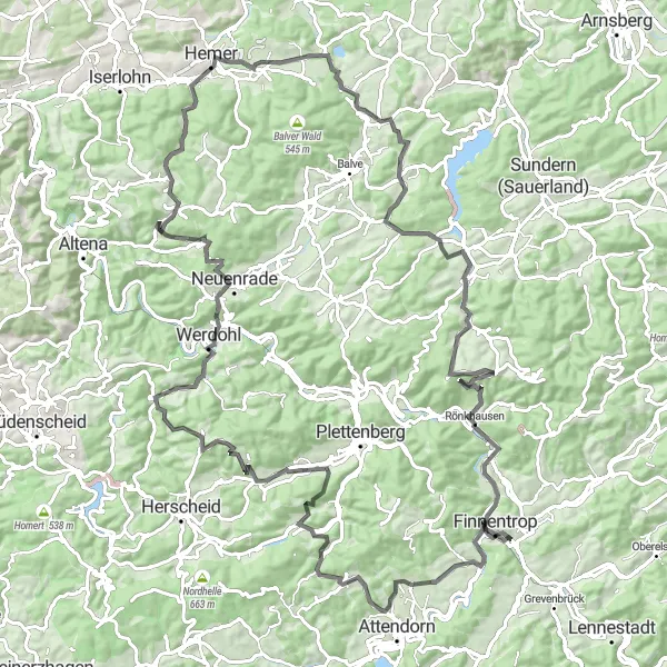 Map miniature of "The Sauerland Epic" cycling inspiration in Arnsberg, Germany. Generated by Tarmacs.app cycling route planner