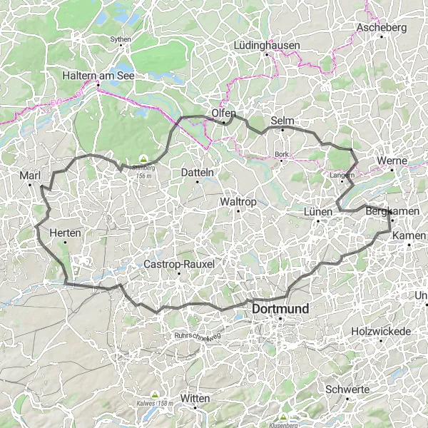 Map miniature of "Road Cycling Route: Bergkamen to Deponie Grevel" cycling inspiration in Arnsberg, Germany. Generated by Tarmacs.app cycling route planner