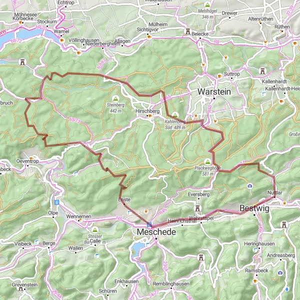 Map miniature of "Lakes and Forests Gravel Adventure" cycling inspiration in Arnsberg, Germany. Generated by Tarmacs.app cycling route planner