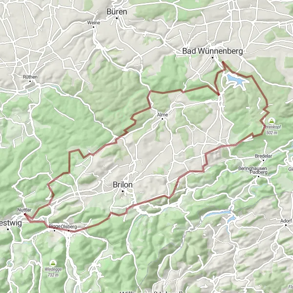 Map miniature of "Trails and Hills Gravel Adventure" cycling inspiration in Arnsberg, Germany. Generated by Tarmacs.app cycling route planner