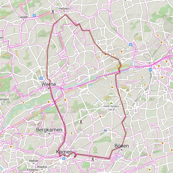Map miniature of "Kamen and Halde Humbert Gravel Route" cycling inspiration in Arnsberg, Germany. Generated by Tarmacs.app cycling route planner