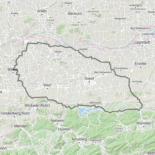 Karten-Miniaturansicht der Radinspiration "Münsterland Road Expedition" in Arnsberg, Germany. Erstellt vom Tarmacs.app-Routenplaner für Radtouren