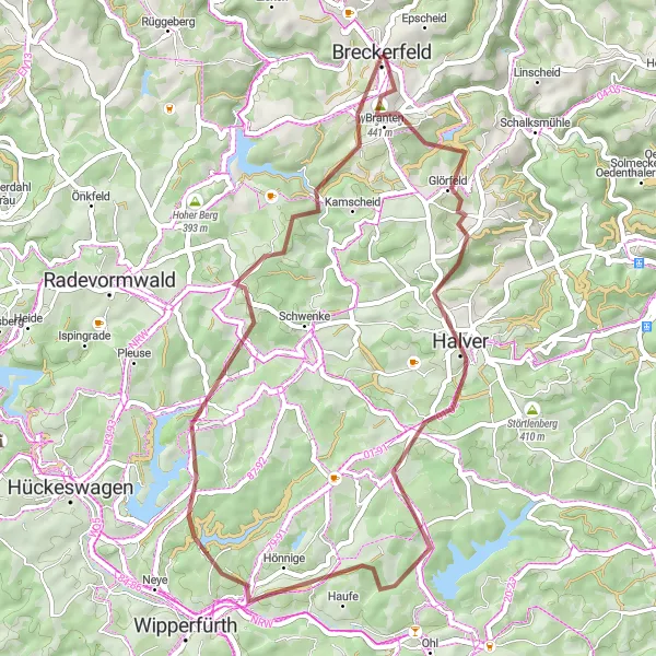 Map miniature of "Breckerfeld Gravel Escape" cycling inspiration in Arnsberg, Germany. Generated by Tarmacs.app cycling route planner