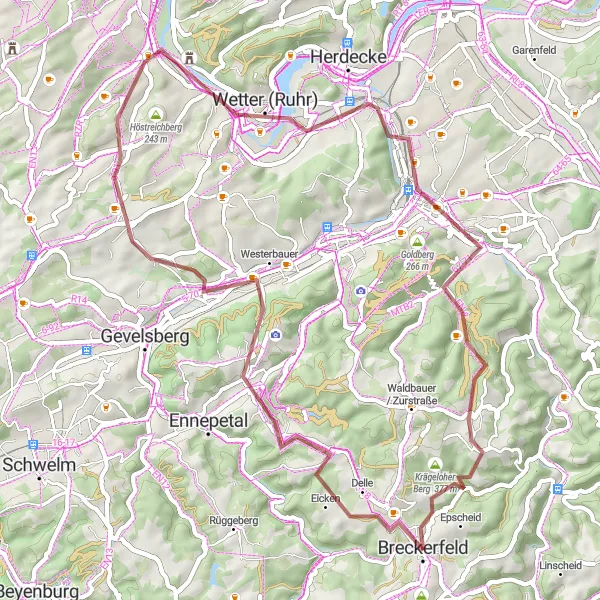 Karten-Miniaturansicht der Radinspiration "Gravel-Abenteuer durch die Natur" in Arnsberg, Germany. Erstellt vom Tarmacs.app-Routenplaner für Radtouren