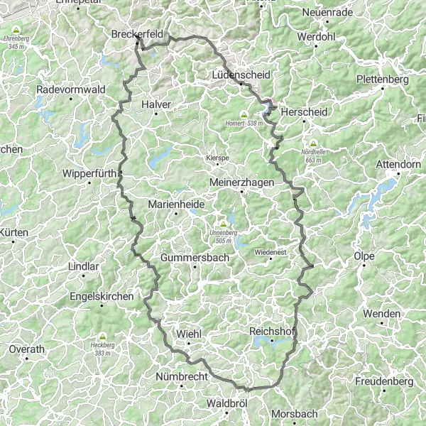 Map miniature of "Breckerfeld Road Expedition" cycling inspiration in Arnsberg, Germany. Generated by Tarmacs.app cycling route planner