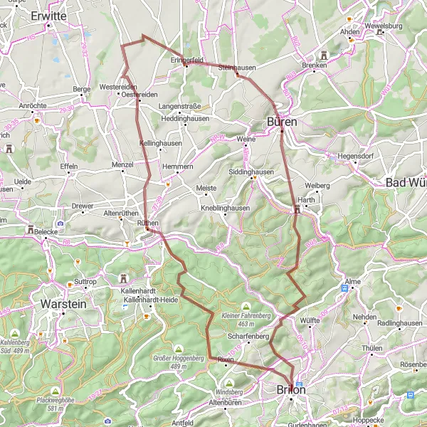Karten-Miniaturansicht der Radinspiration "Abenteuerliche Tour von Brilon nach Büren" in Arnsberg, Germany. Erstellt vom Tarmacs.app-Routenplaner für Radtouren