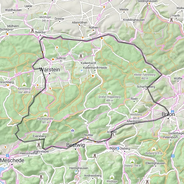 Map miniature of "Challenging Hagen Loop" cycling inspiration in Arnsberg, Germany. Generated by Tarmacs.app cycling route planner