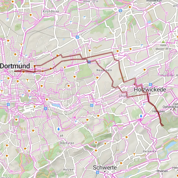 Map miniature of "Scenic Gravel Route from Dortmund to Innenstadt Ost" cycling inspiration in Arnsberg, Germany. Generated by Tarmacs.app cycling route planner