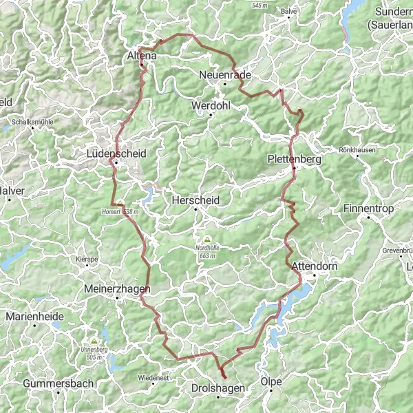 Map miniature of "Lüdenscheid Loop" cycling inspiration in Arnsberg, Germany. Generated by Tarmacs.app cycling route planner