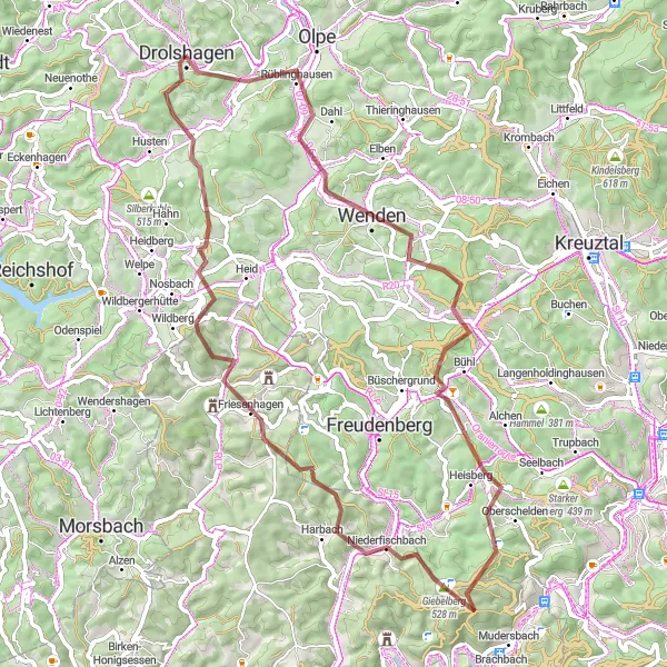 Karten-Miniaturansicht der Radinspiration "Gravel-Rundweg von Drolshagen" in Arnsberg, Germany. Erstellt vom Tarmacs.app-Routenplaner für Radtouren