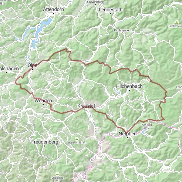 Karten-Miniaturansicht der Radinspiration "Gravelroute um Drolshagen" in Arnsberg, Germany. Erstellt vom Tarmacs.app-Routenplaner für Radtouren