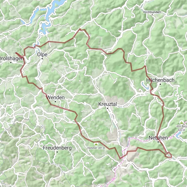 Karten-Miniaturansicht der Radinspiration "Gravel-Rundweg durch Netphen und Weidenau" in Arnsberg, Germany. Erstellt vom Tarmacs.app-Routenplaner für Radtouren