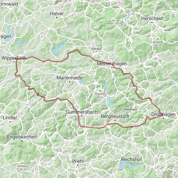 Map miniature of "Hidden Gravel Gems around Drolshagen" cycling inspiration in Arnsberg, Germany. Generated by Tarmacs.app cycling route planner