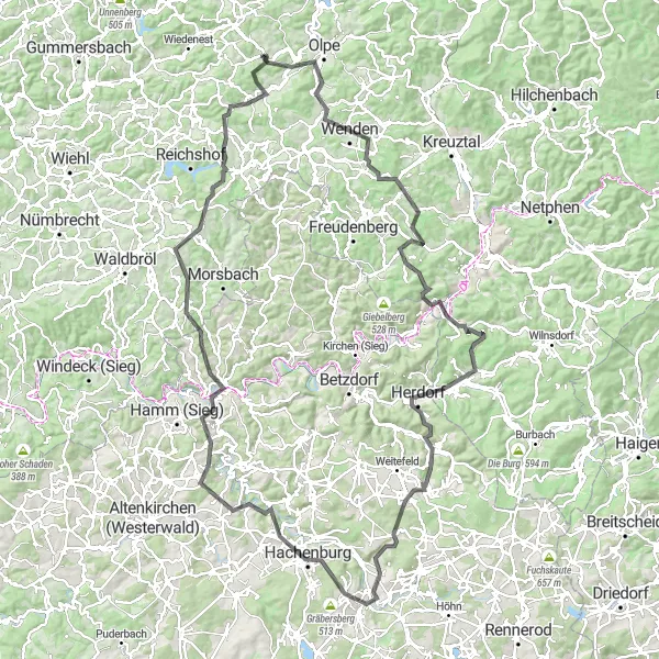 Map miniature of "Through the Hills of Drolshagen" cycling inspiration in Arnsberg, Germany. Generated by Tarmacs.app cycling route planner