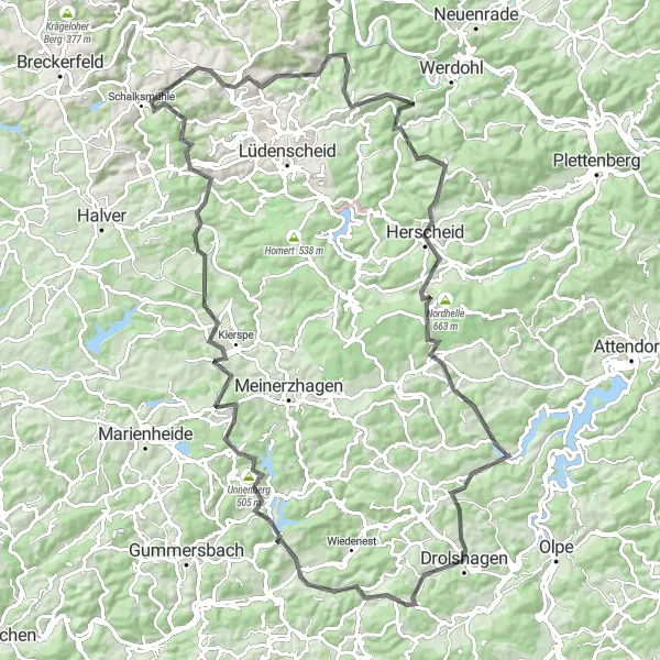 Karten-Miniaturansicht der Radinspiration "Road-Rundweg durch Bergneustadt und Kierspe" in Arnsberg, Germany. Erstellt vom Tarmacs.app-Routenplaner für Radtouren