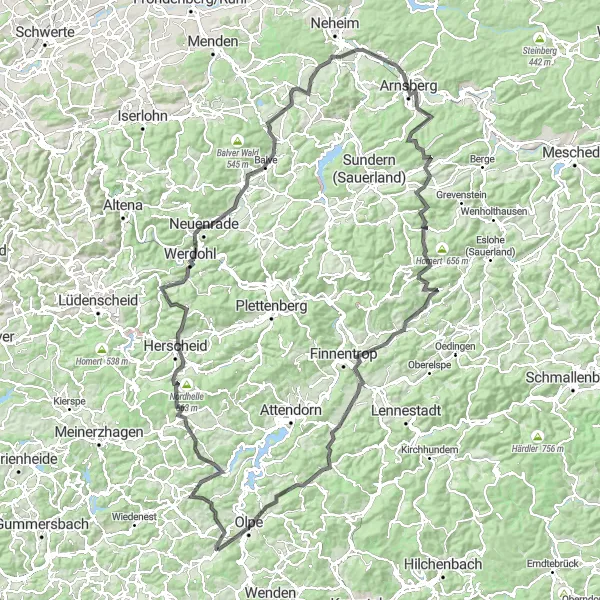 Map miniature of "Sauerland Challenge" cycling inspiration in Arnsberg, Germany. Generated by Tarmacs.app cycling route planner