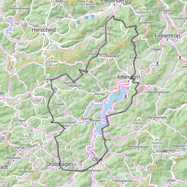 Map miniature of "Scenic Road Cycling Tour near Drolshagen" cycling inspiration in Arnsberg, Germany. Generated by Tarmacs.app cycling route planner