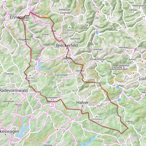 Map miniature of "Ennepetal - Bilstein Gravel Route" cycling inspiration in Arnsberg, Germany. Generated by Tarmacs.app cycling route planner