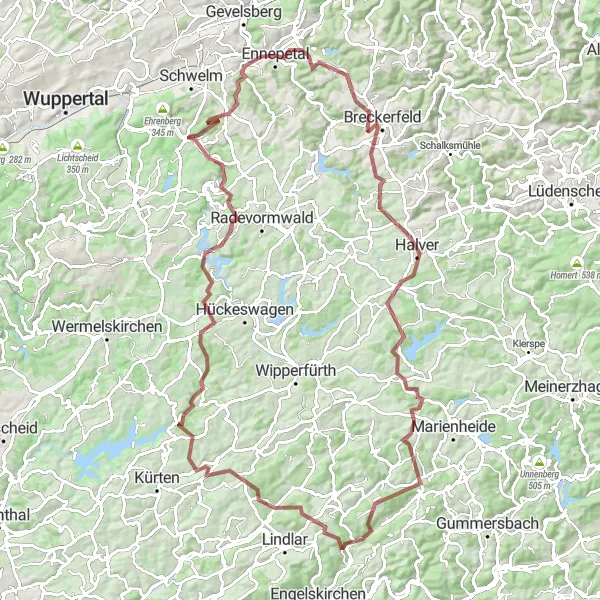 Map miniature of "Challenging Gravel Loop: Ennepetal to Breckerfeld" cycling inspiration in Arnsberg, Germany. Generated by Tarmacs.app cycling route planner