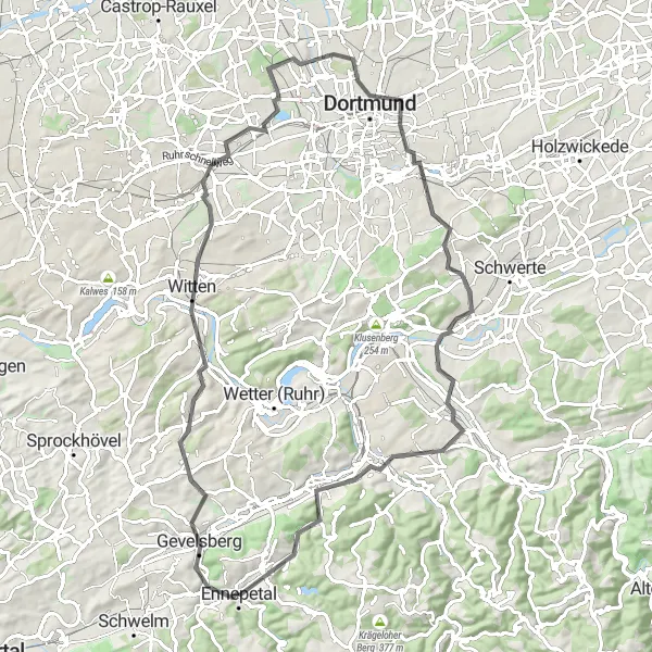 Map miniature of "Ennepetal to Gevelsberg Road Loop" cycling inspiration in Arnsberg, Germany. Generated by Tarmacs.app cycling route planner