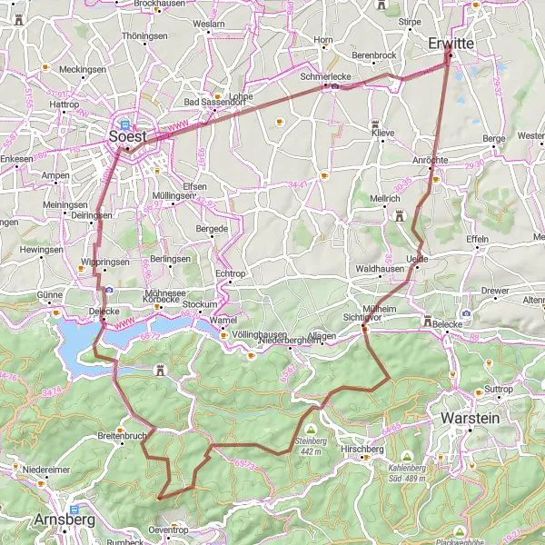 Karten-Miniaturansicht der Radinspiration "Gravel-Abenteuer im Naturpark" in Arnsberg, Germany. Erstellt vom Tarmacs.app-Routenplaner für Radtouren