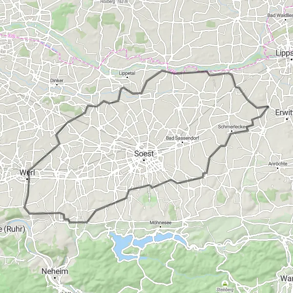 Karten-Miniaturansicht der Radinspiration "Kulturelle Rundtour von Erwitte nach Böckum" in Arnsberg, Germany. Erstellt vom Tarmacs.app-Routenplaner für Radtouren