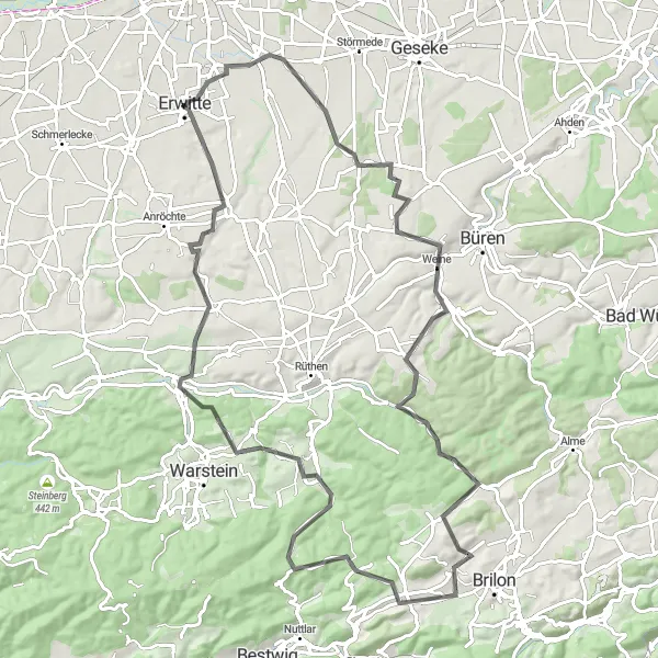 Karten-Miniaturansicht der Radinspiration "Hügeliges Abenteuer im Sauerland" in Arnsberg, Germany. Erstellt vom Tarmacs.app-Routenplaner für Radtouren