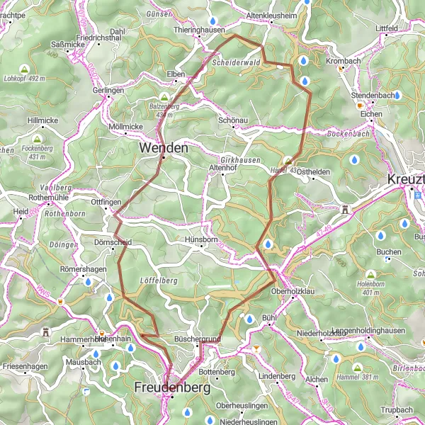 Map miniature of "Wenden Gravel Adventure" cycling inspiration in Arnsberg, Germany. Generated by Tarmacs.app cycling route planner