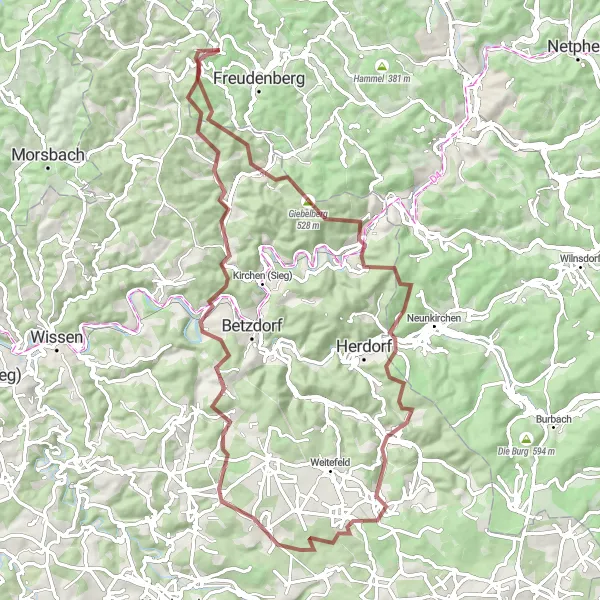 Karten-Miniaturansicht der Radinspiration "Abenteuer im Westerwald" in Arnsberg, Germany. Erstellt vom Tarmacs.app-Routenplaner für Radtouren