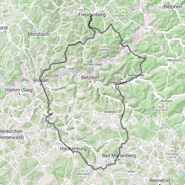 Map miniature of "Oberfischbach Loop" cycling inspiration in Arnsberg, Germany. Generated by Tarmacs.app cycling route planner