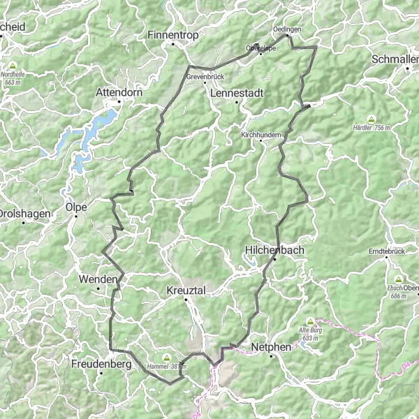 Karten-Miniaturansicht der Radinspiration "Rundtour durch das Siegtal" in Arnsberg, Germany. Erstellt vom Tarmacs.app-Routenplaner für Radtouren