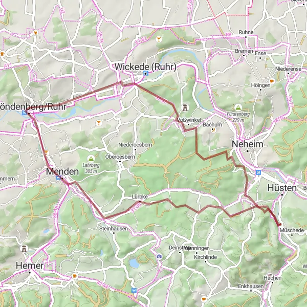 Map miniature of "Hallberg Gravel Route" cycling inspiration in Arnsberg, Germany. Generated by Tarmacs.app cycling route planner