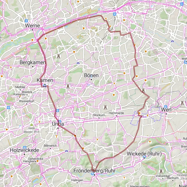 Map miniature of "Unna Gravel Route" cycling inspiration in Arnsberg, Germany. Generated by Tarmacs.app cycling route planner