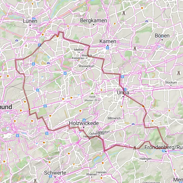 Map miniature of "Fröndenberg Gravel Adventure" cycling inspiration in Arnsberg, Germany. Generated by Tarmacs.app cycling route planner