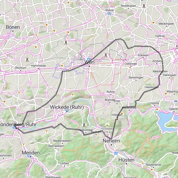 Map miniature of "The Henrichsknübel Loop" cycling inspiration in Arnsberg, Germany. Generated by Tarmacs.app cycling route planner