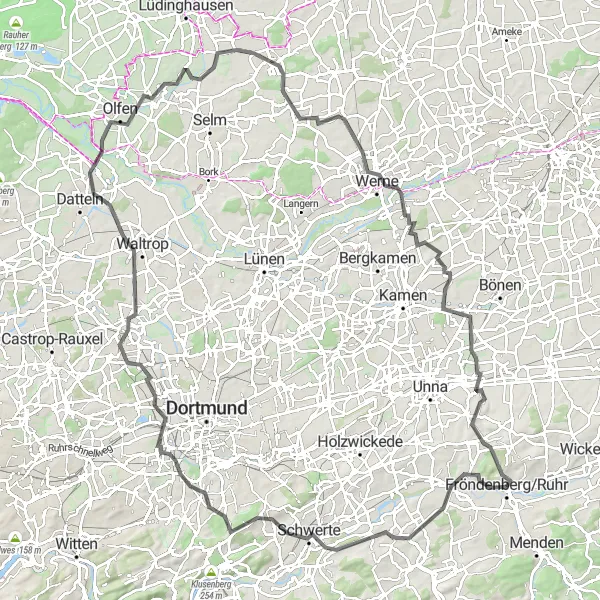 Map miniature of "Fröndenberg to Arnsberg Extended Road Cycling Route" cycling inspiration in Arnsberg, Germany. Generated by Tarmacs.app cycling route planner