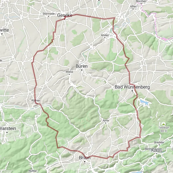 Map miniature of "Discover Gravel Paths around Geseke" cycling inspiration in Arnsberg, Germany. Generated by Tarmacs.app cycling route planner