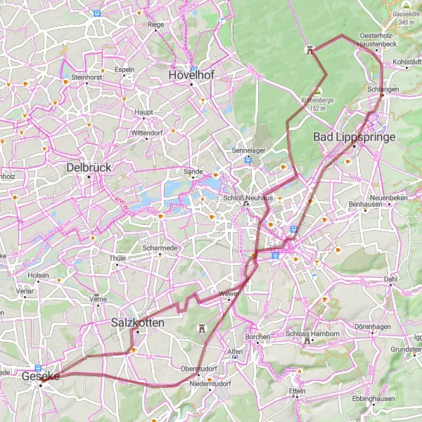 Map miniature of "Gravel Tour through Geseke" cycling inspiration in Arnsberg, Germany. Generated by Tarmacs.app cycling route planner