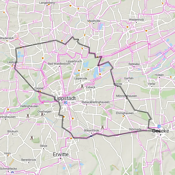 Map miniature of "Geseke Cycling Road" cycling inspiration in Arnsberg, Germany. Generated by Tarmacs.app cycling route planner