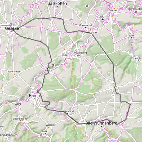 Map miniature of "Road Route to Bad Wünnenberg" cycling inspiration in Arnsberg, Germany. Generated by Tarmacs.app cycling route planner