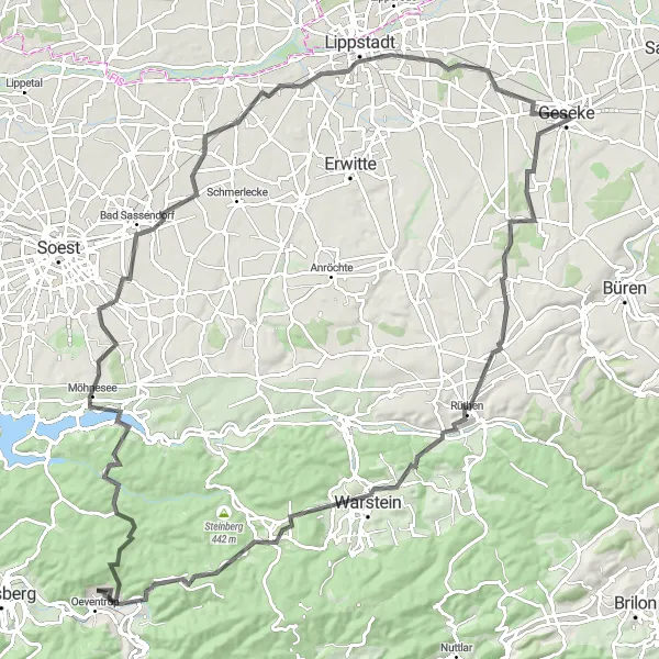 Map miniature of "Scenic Ride through Geseke" cycling inspiration in Arnsberg, Germany. Generated by Tarmacs.app cycling route planner