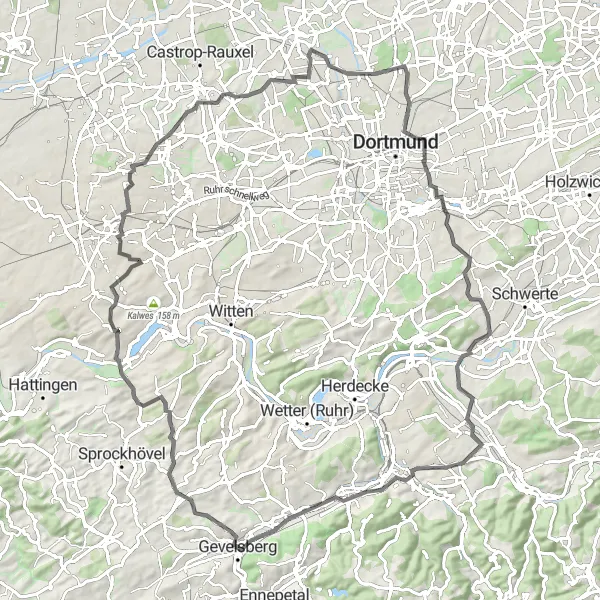 Map miniature of "Gevelsberg to Hiddinghausen and Back" cycling inspiration in Arnsberg, Germany. Generated by Tarmacs.app cycling route planner