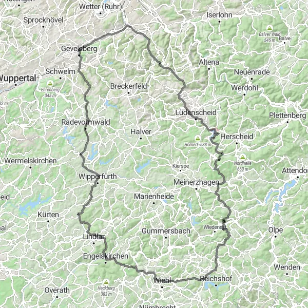 Map miniature of "Arnsberg Hilly Road Ride" cycling inspiration in Arnsberg, Germany. Generated by Tarmacs.app cycling route planner
