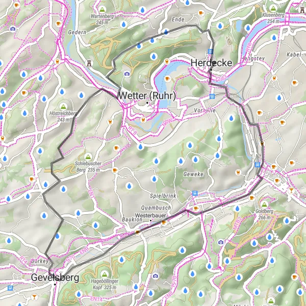 Map miniature of "Gevelsberg to Welt-Erdgaskugel and Back" cycling inspiration in Arnsberg, Germany. Generated by Tarmacs.app cycling route planner