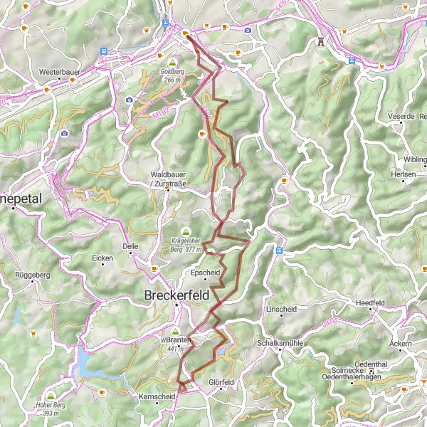 Map miniature of "Gravel Adventure in Hagen" cycling inspiration in Arnsberg, Germany. Generated by Tarmacs.app cycling route planner